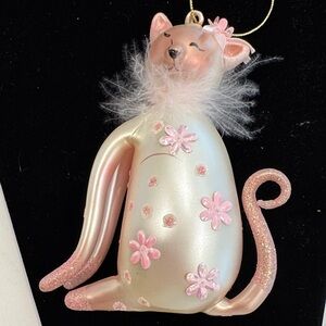 Pink Floral hand blown Cat Ornament